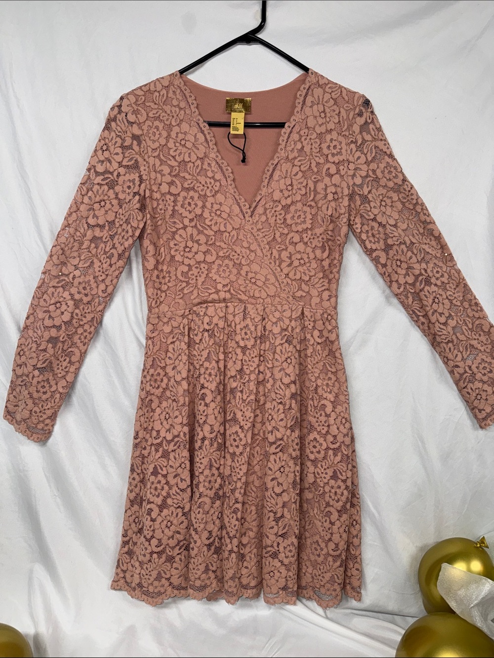 Long Sleeve Lace pleated Dress in dusty rose